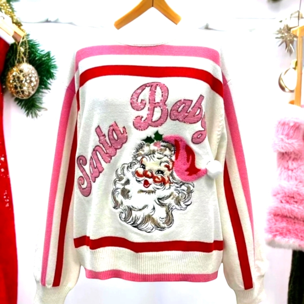 Santa Baby Pink and White Sweater